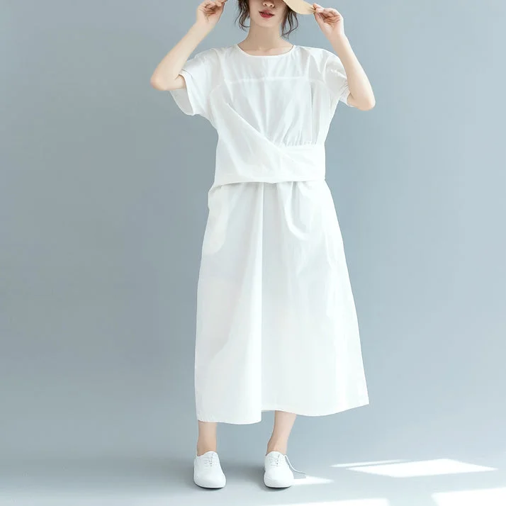 Women's Clothing Outfit Set Shop Sale Items New white cotton maxi dress Loose fitting o neck Cinched traveling clothing 2018 short sleeve baggy dresses