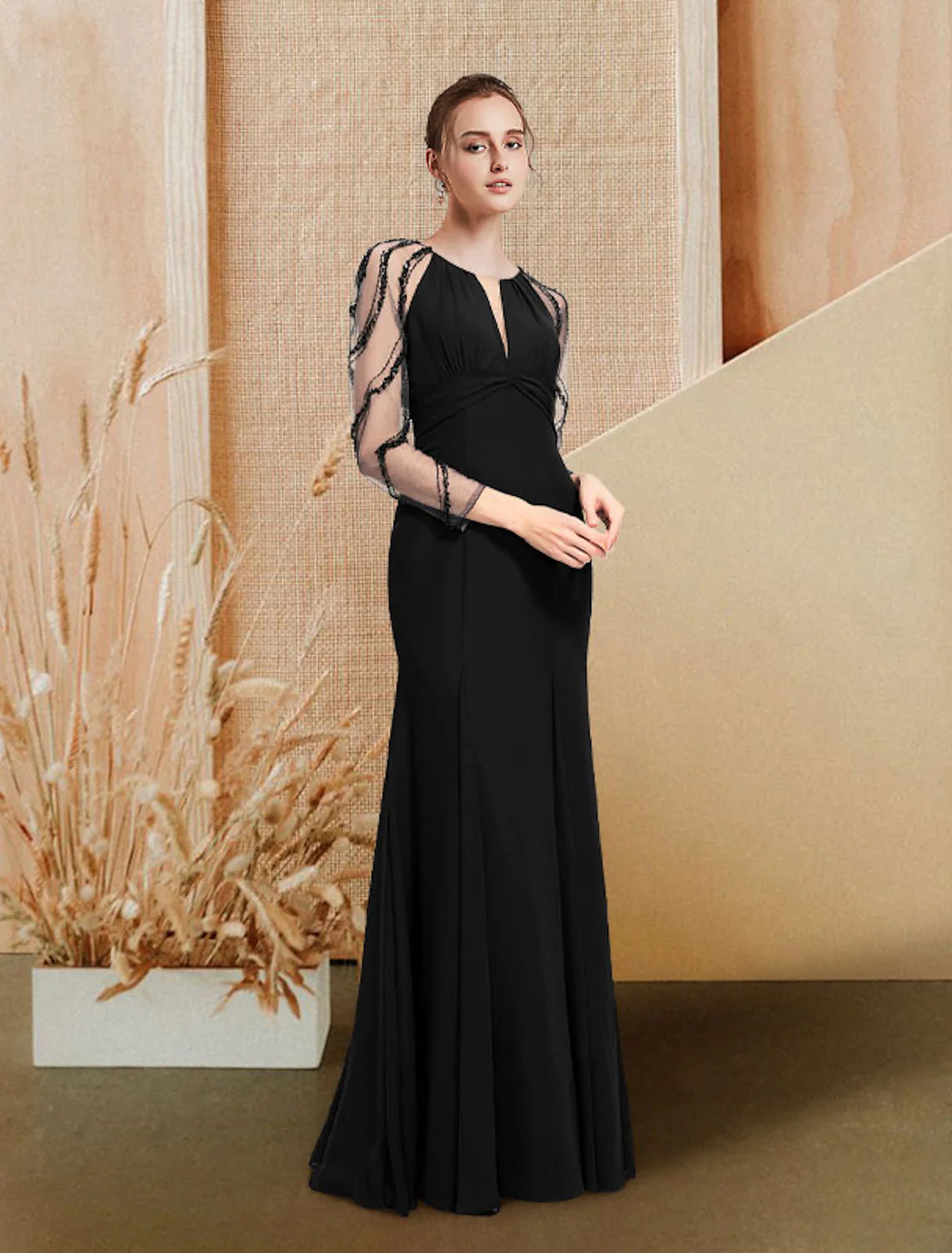 Comfortable Women's Clothes Fashion Sale A-Line Evening Gown Luxurious Dress Prom Floor Length Long Sleeve Jewel Neck Chiffon with Pleats Sequin