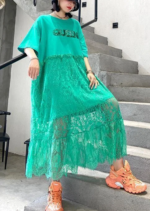 Women's Comfortable Lounge Outfit Top Brand Discounts Natural green cotton clothes Women o neck patchwork lace Maxi Dresses