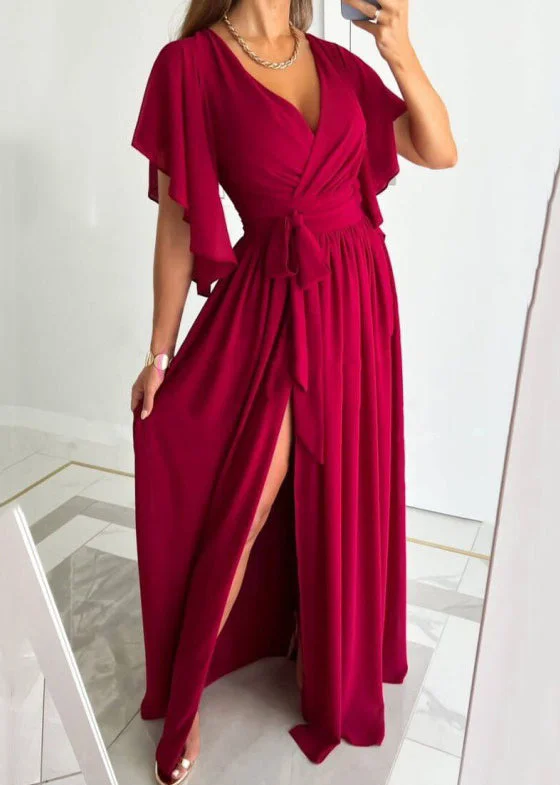 Sustainable Women's Apparel Coastal Beach - Inspired Style New Red V Neck Tie Waist Side Open Cotton Maxi Dress Summer