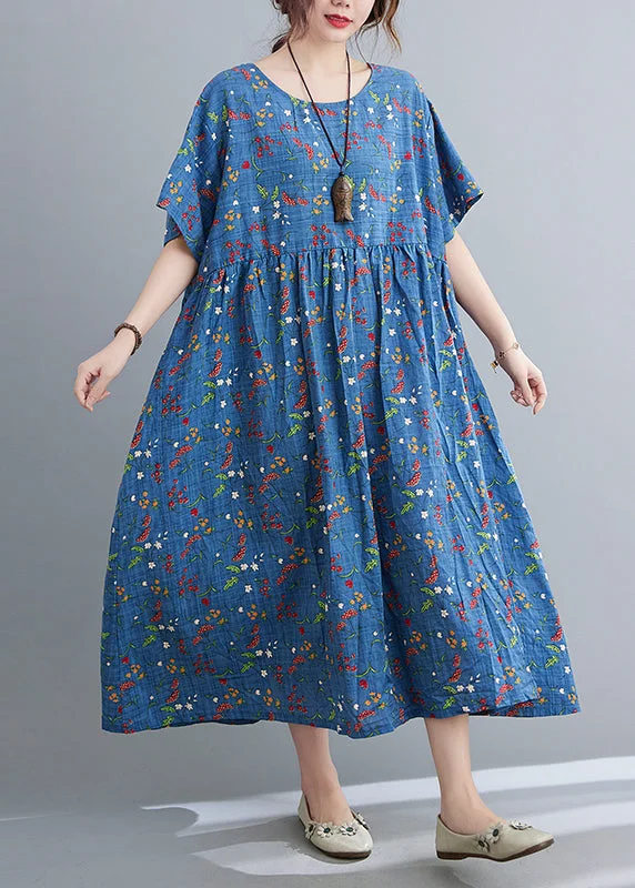 Women's Classic Attire Casual Chic Blue O-Neck Patchwork Maxi Dress Short Sleeve