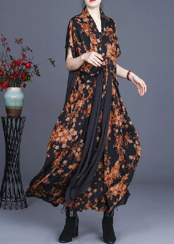 Women's Clothing For Work Summer Essentials Natural Black Print Patchwork Silk Summer Maxi Dress