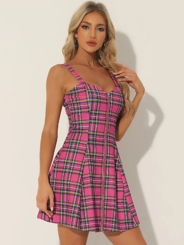 Fashionable Women's Clothes Discounts On Casual Weekend Styles Plaid Zipper Front Party Strap Sleeveless Tube Mini A-Line Dress