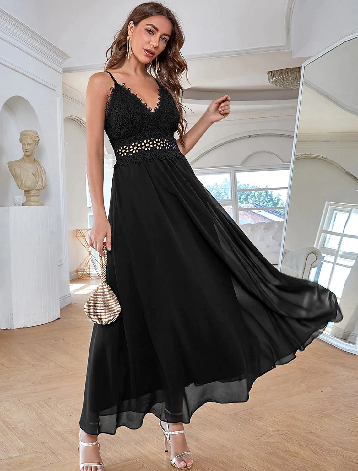 Vintage-Inspired Women's Apparel Elevated Style A-Line Elegant Vintage Party Wear Formal Evening Dress V Neck Sleeveless Ankle Length Chiffon with Sequin Splicing