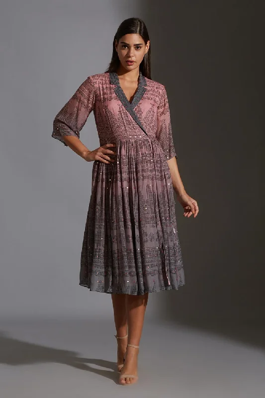 Women's Vintage-Inspired Clothing Boho - Chic Festival - Ready Style Pink & Grey Wrap Midi Dress