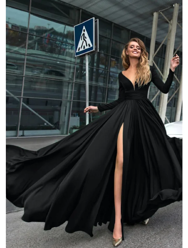 Women's Evening Apparel Fashion-Forward A-Line Evening Gown Dress Holiday Floor Length Long Sleeve V Neck Chiffon V Back with Slit