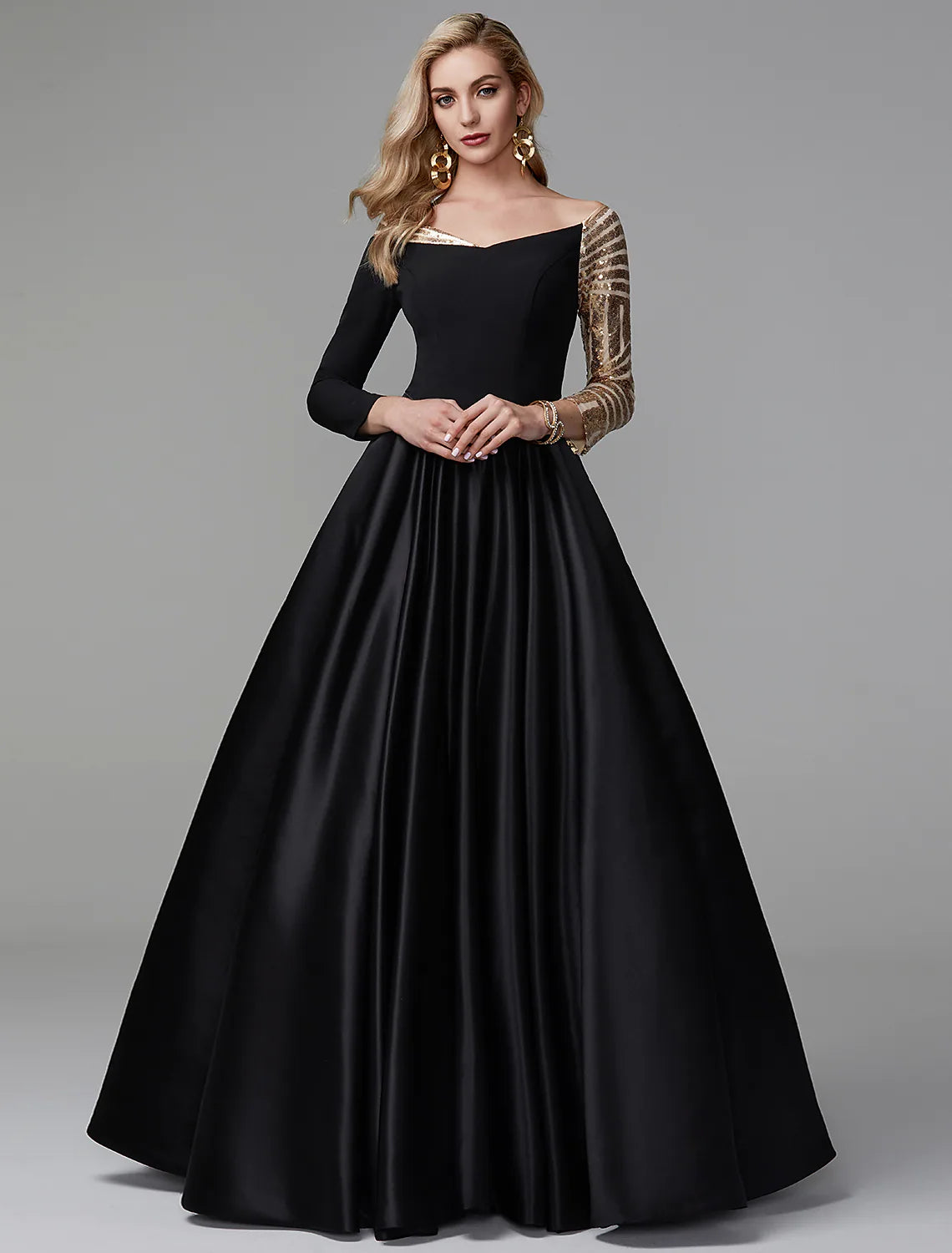 Comfortable Women's Attire Alluring Design Black Sparkle Formal Evening Dress Off Shoulder Long Sleeve Floor Length Satin with Sequin