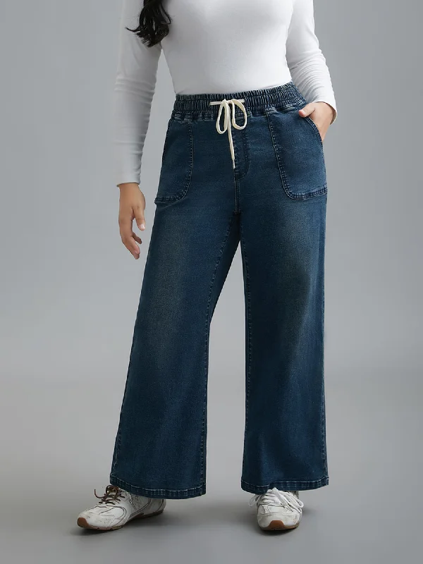 Women's Relaxed Outfit Celebrate With Big Savings Drawstring Stretchy Waist Pocket Jeans