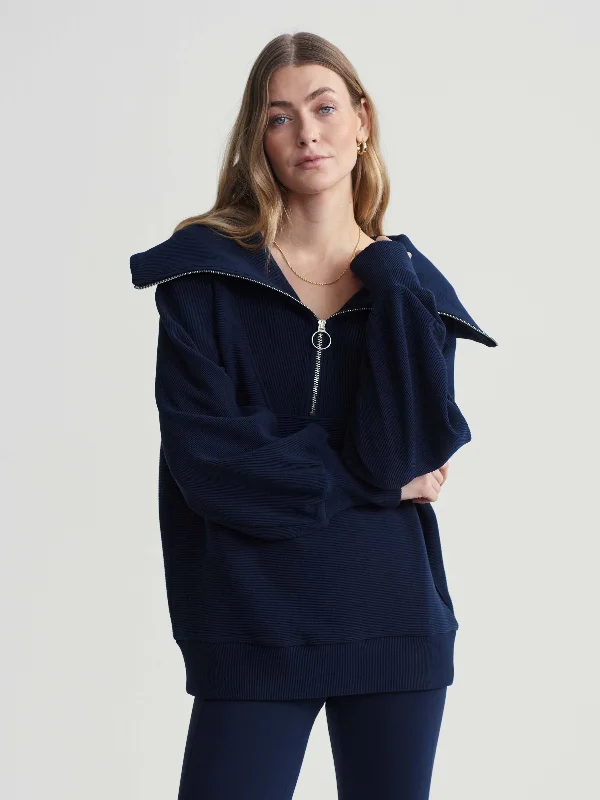 Women's Clothes And Garments Everyday Fashion Vine Half-Zip Pullover - Dark Sapphire