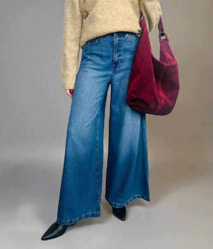 Women's Holiday Clothing Soft Textures Mid Blue Lyocell Blend Palazzo Leg Jeans