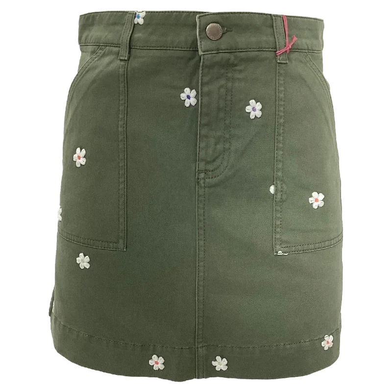 Women's Trendy Clothing Spring Fashion Stella Mccartney Flower-Embroidered Mini Skirt in Olive Cotton Denim