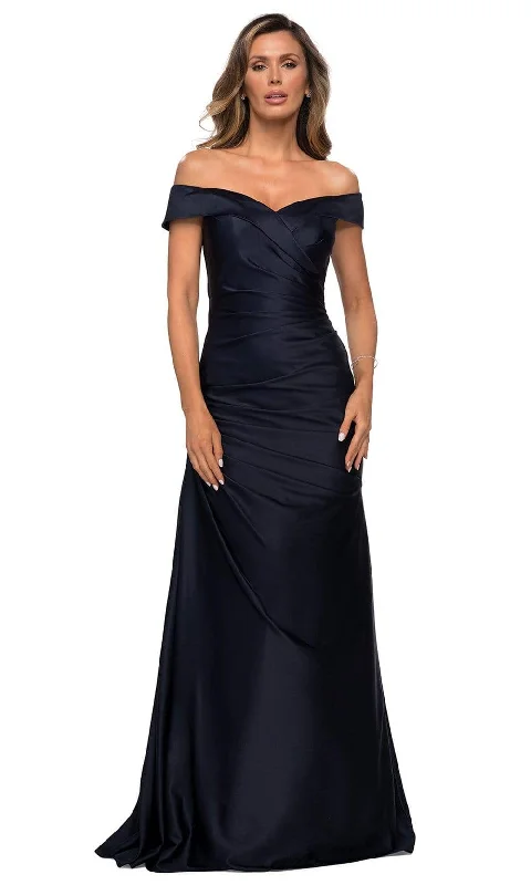 Women's Trendy Casual Clothes Attire Sale La Femme 28103SC - Off Shoulder Ruched Satin Gown