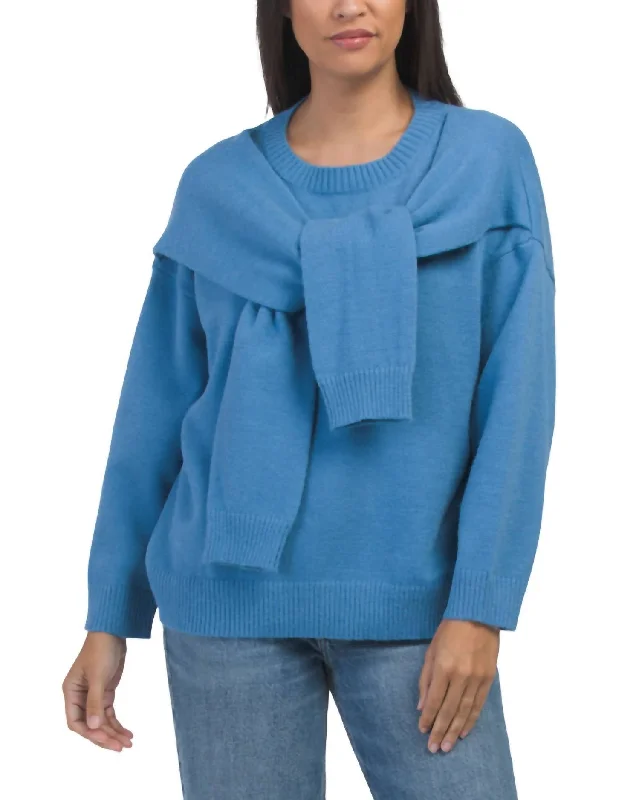 Comfortable Outfit For Women Sophisticated Fashion Over The Shoulder Tie Pullover Sweater In Blue