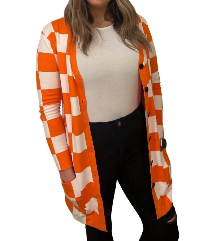 Women's Casual Apparel Elegant Style Check Me Out Cardigan In Orange & White Checkered