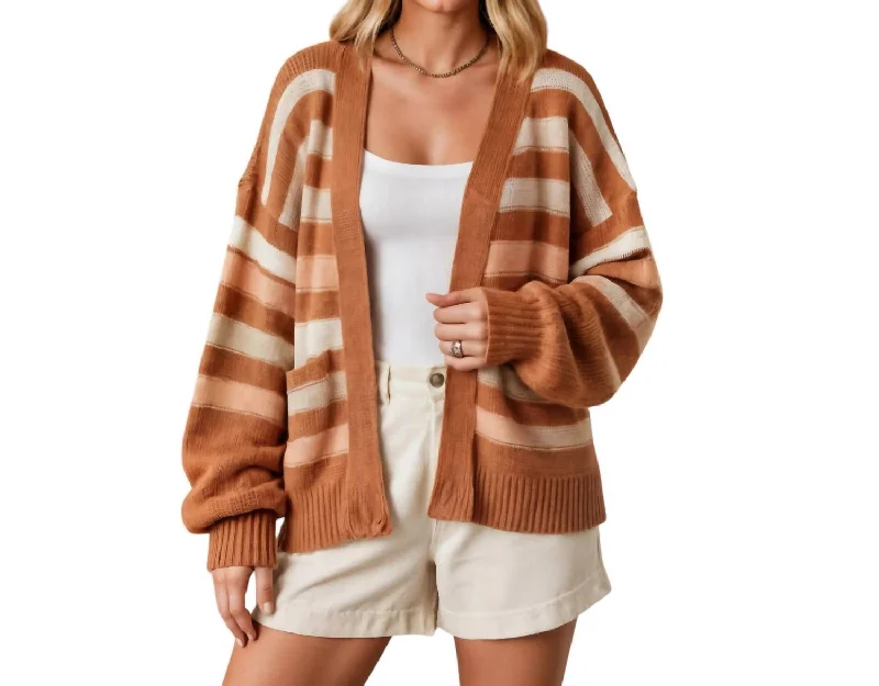 Stylish Women's Garments For Holidays Holiday Sale Striped Open-Front Cardigan With Ribbed Cuffs And Relaxed Fit In Brown