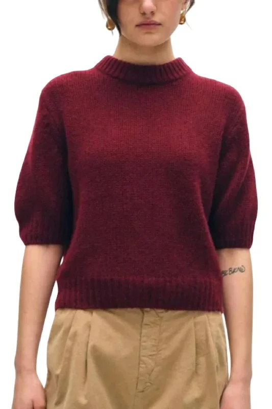 Stylish Outerwear Clothing For Women Evening Looks Featherweight Puff Sleeve Crew Sweater In Sangria