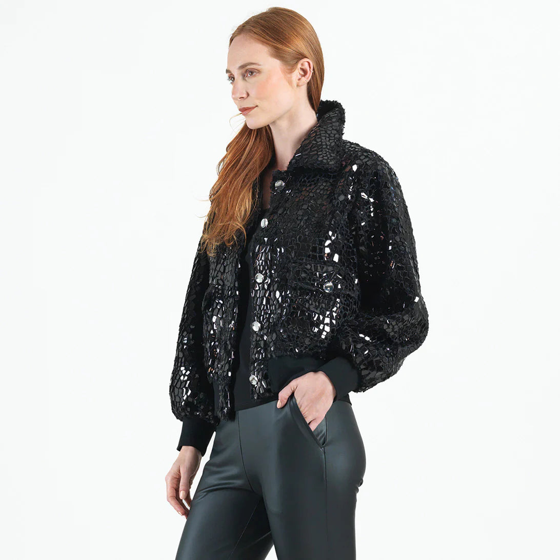 Women's Evening Wear Attire Chic & Cozy Apparel Crushed Faux Fur - Shimmer Embellished Bomber Jacket - Black - Limited Edition!