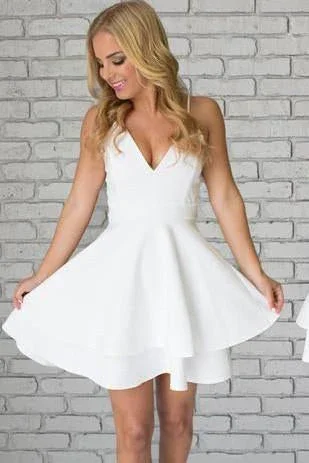 Women's Comfortable Clothes For Weekends Inspired By You, Designed For You White Satin Spaghetti Straps Short Mini White V neck Homecoming Dresses gh1705