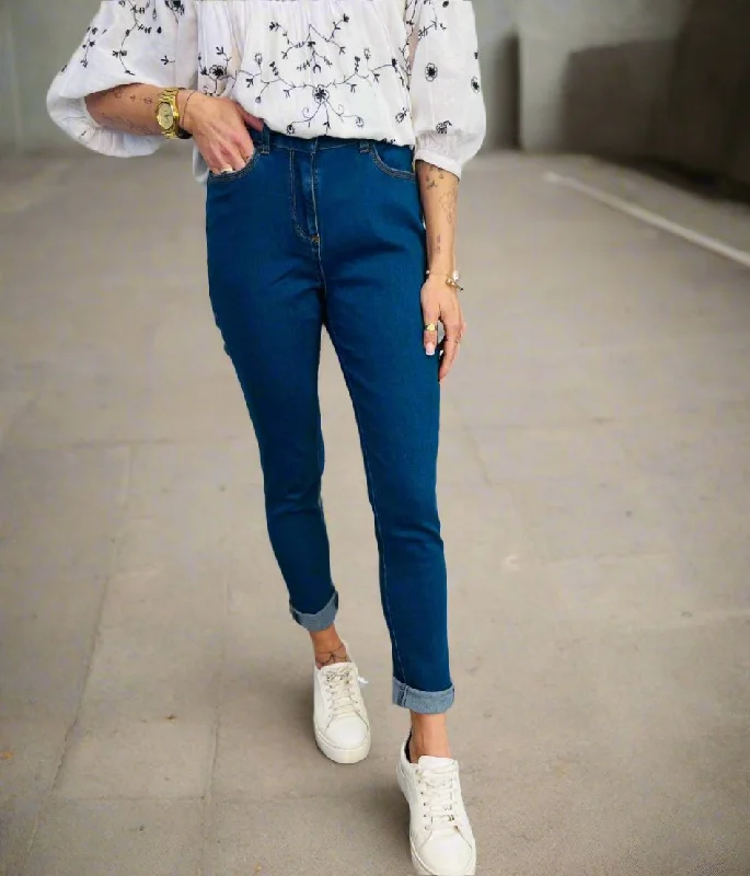 Women's Elegant Formal Outfit Chic Style Blue Stretch Slim Leg Jeans