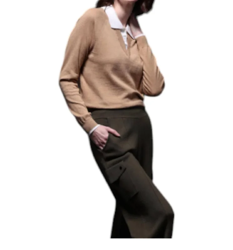 Women's Seasonal Wardrobe Clothing Vibrant Femme Fashion Cotton Cashmere Polo With Collar And Tipping In Camel/white