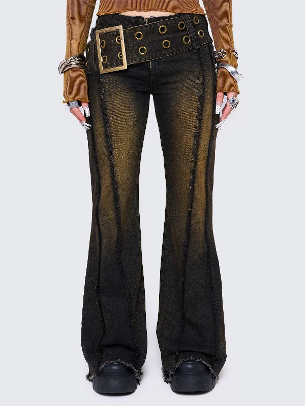 Stylish Outerwear Clothing For Women Ethnic Cultural Event Wear Gia Overdye Belted Flare Jeans