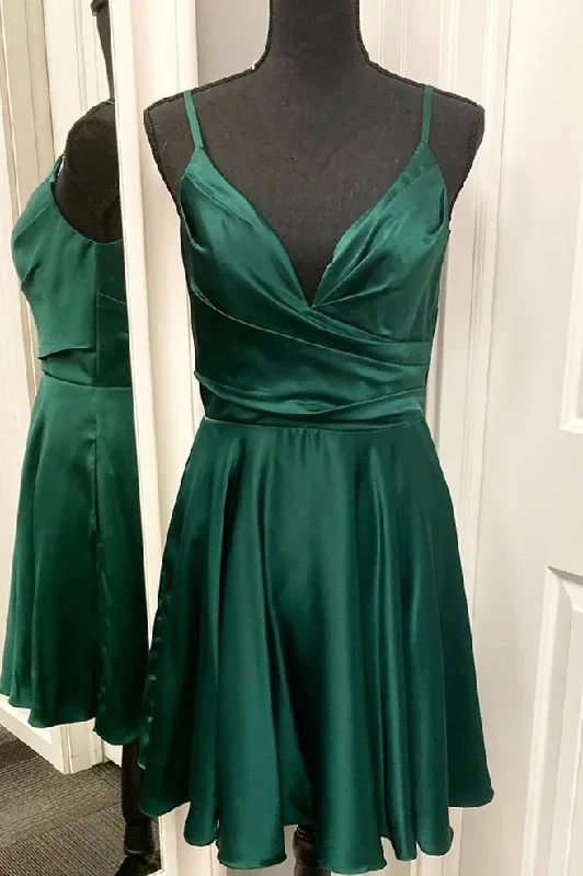 Women's Elegant Clothing Sets All Season Basics Discount Green Satin V-Neck Straps Skater Dress gh1457