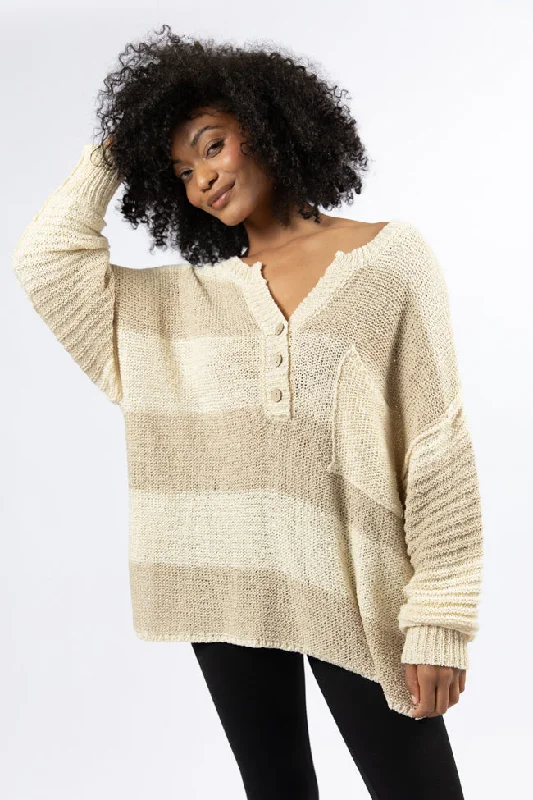 Women's Plus-Size Apparel Chic Style Know You Best Beige Oversized Striped Henley Sweater