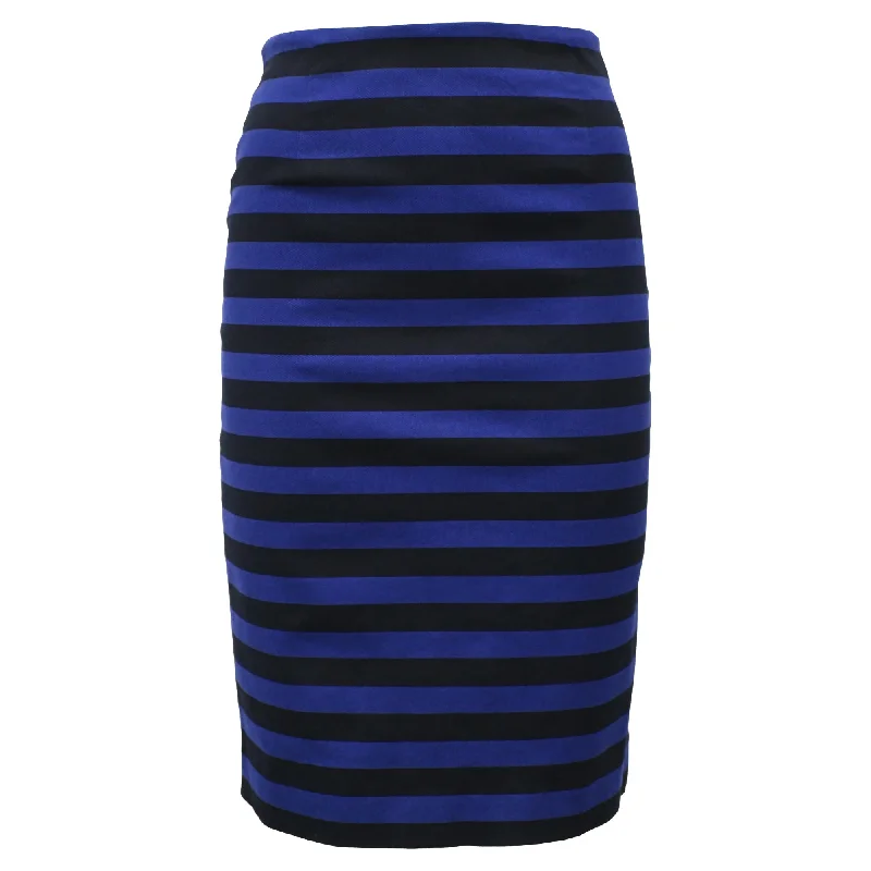 Stylish Women's Attire Trend Alert Prada Striped Midi Fitted Skirt in Black and Blue Cotton