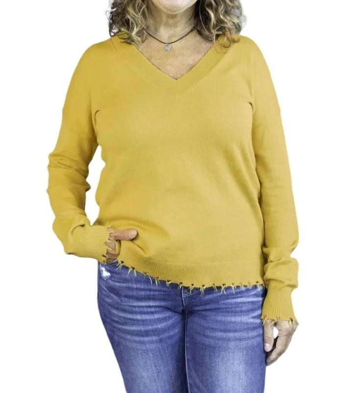 Women's Casual Apparel For Weekends Style Upgrade Distressed V Sweater In Marigold