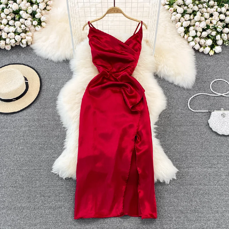 Affordable Trendy Clothes For Women Trendy Clothing Sale V-neck slim slim acetate Satin pleated split dress dress  11180