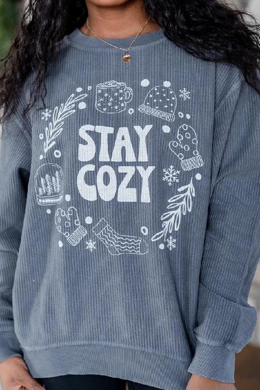 Casual Garments For Women Coastal Beach - Inspired Style Stay Cozy Winter Charcoal Corded Graphic Sweatshirt