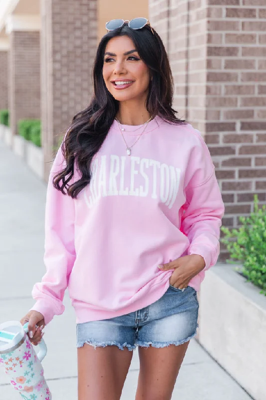 Women's Fashion-Forward Apparel Chic Trend Collection Charleston Block Light Pink Oversized Graphic Sweatshirt