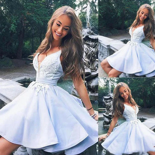 High-Fashion Women's Clothing Season Offer Cute light blue satin v neck short prom dress, lace homecoming dress gh798