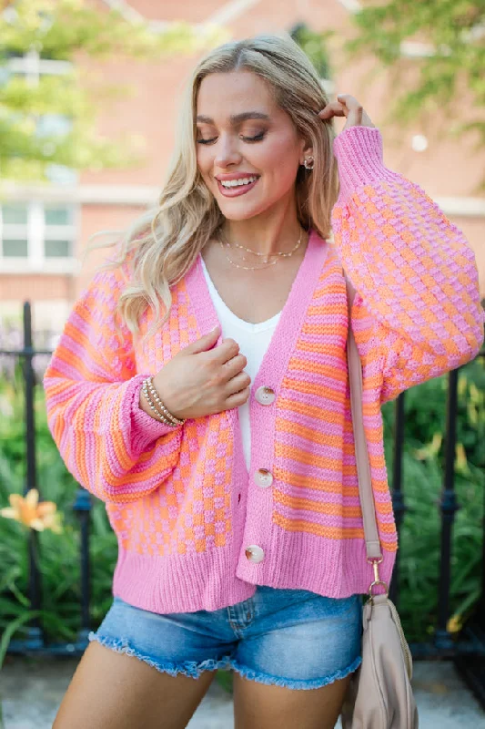 Women's Functional Outfit For Outdoor Activities Sophisticated Style Time To Waste Pink And Orange Checkered And Striped Cardigan