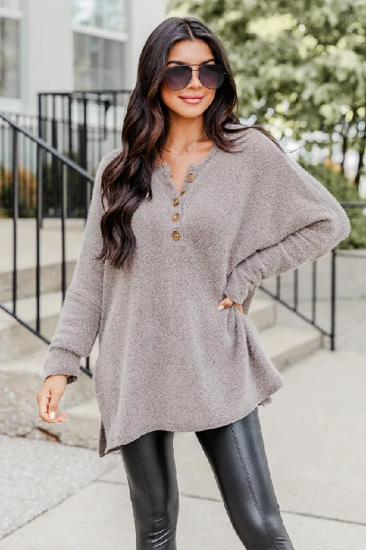 Women's Outerwear Apparel Exclusive Discount Thinking Of You Taupe  Fuzzy Henley Blouse