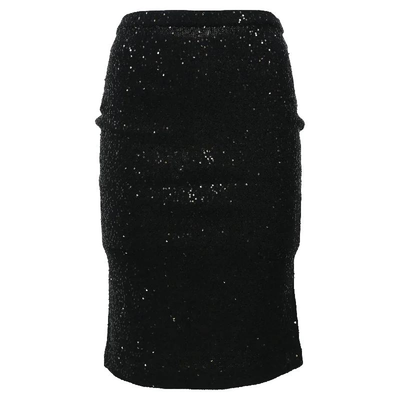 Women's Evening Wear Attire Elegant Clothing Oscar De La Renta Knitted Sequined Midi Fitted Skirt in Black Wool