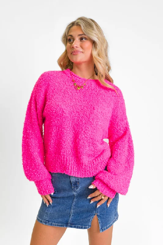 Women's Contemporary Apparel Trendy Urban Attire Longer Nights Magenta Fuzzy Pocketed Sweater