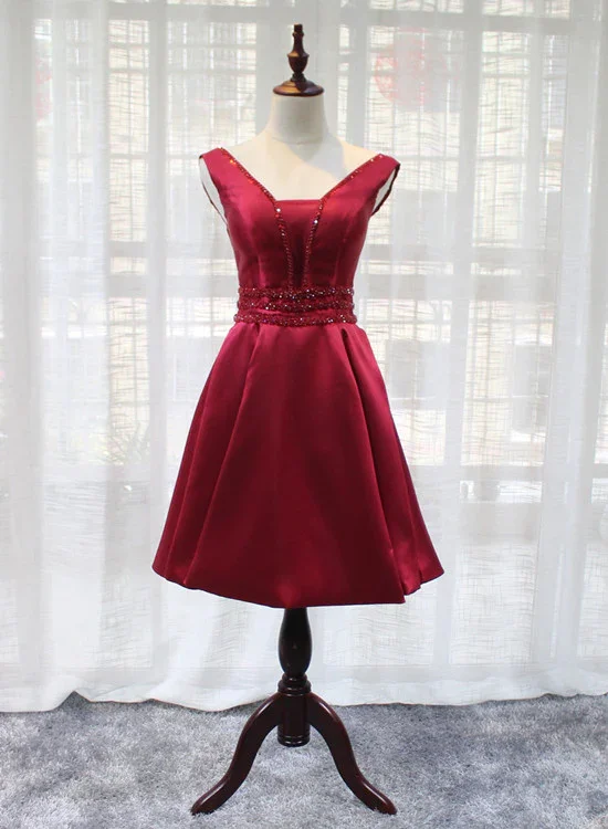 Women's Formal Event Clothing Unbeatable Deals Beautiful Dark Red Satin V-Neckline Party Dress, Charming Short Homecoming Dress  gh531