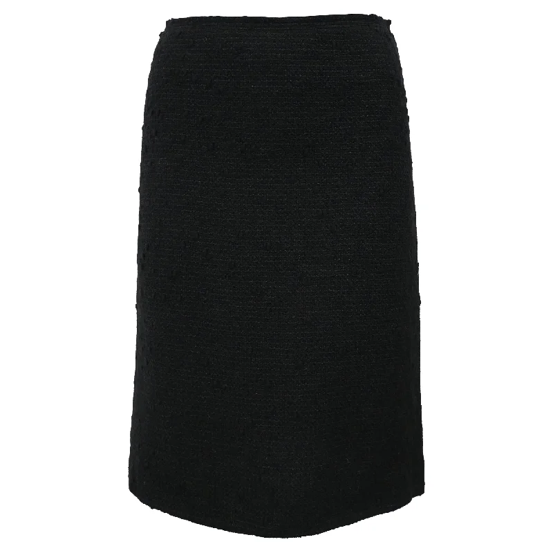 Comfortable Women's Clothes Parisian Effortless Chic Style Prada Midi A-Line Skirt in Black Tweed Wool