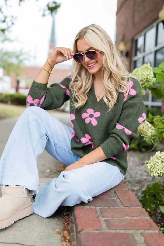 Charming Women's Clothes For Special Events Trend Leading Collection Keep You Around Olive and Pink Floral V-neck Sweater SALE