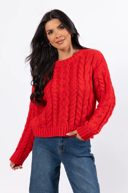 Women's Loungewear Clothes Premium Quality Garments A Cozy Place Red Cable Knit Crew Neck Sweater