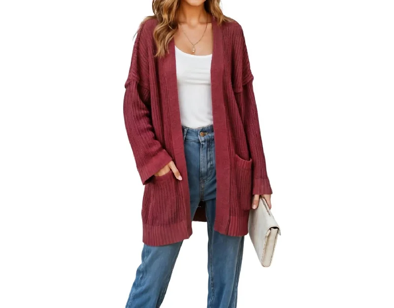 Women's Travel Garments Early Access To Art Deco Styles Sale Ribbed Open-Front Cardigan With Pockets And Relaxed Fit In Brick