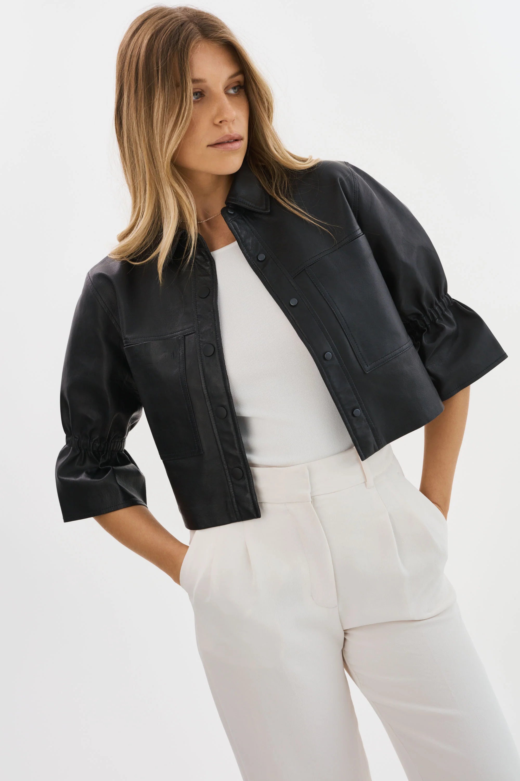 Women's Vacation Attire Fashion Essentials CAROLINA | LEATHER RUFFLE SLEEVE JACKET