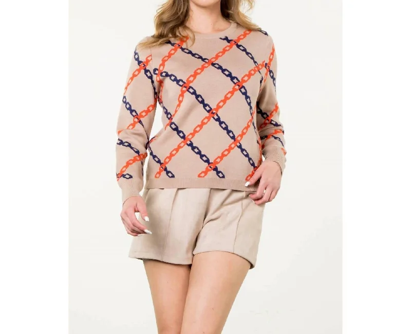 Vintage-Inspired Women's Apparel Seasonal Sale Chain Print Sweater In Taupe