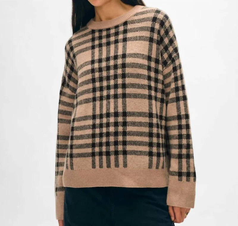 Women's High-Fashion Outfit Luxury Style Cashmere Plaid Crewneck Sweater In Camel/black