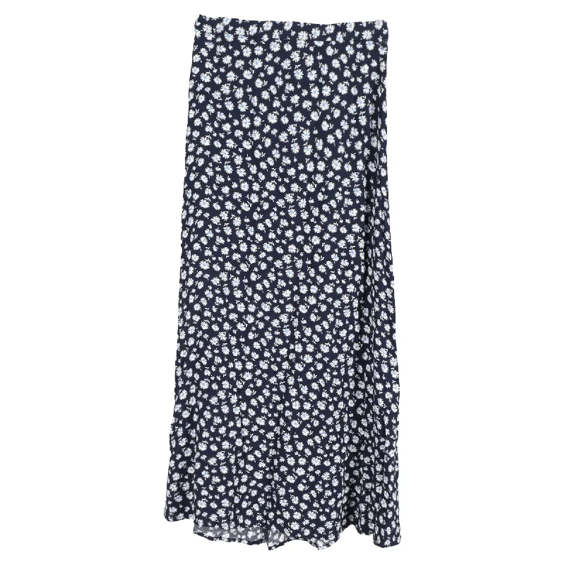 Women's Activewear Apparel Urban Sophistication Reformation Zoe Floral Printed Side Slit Midi Skirt in Navy Blue Viscose