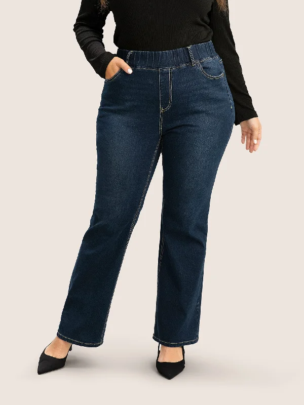 Women's Trendy Garments Budget Friendly Solid Elastic Waist Pocket Full Length Jeans