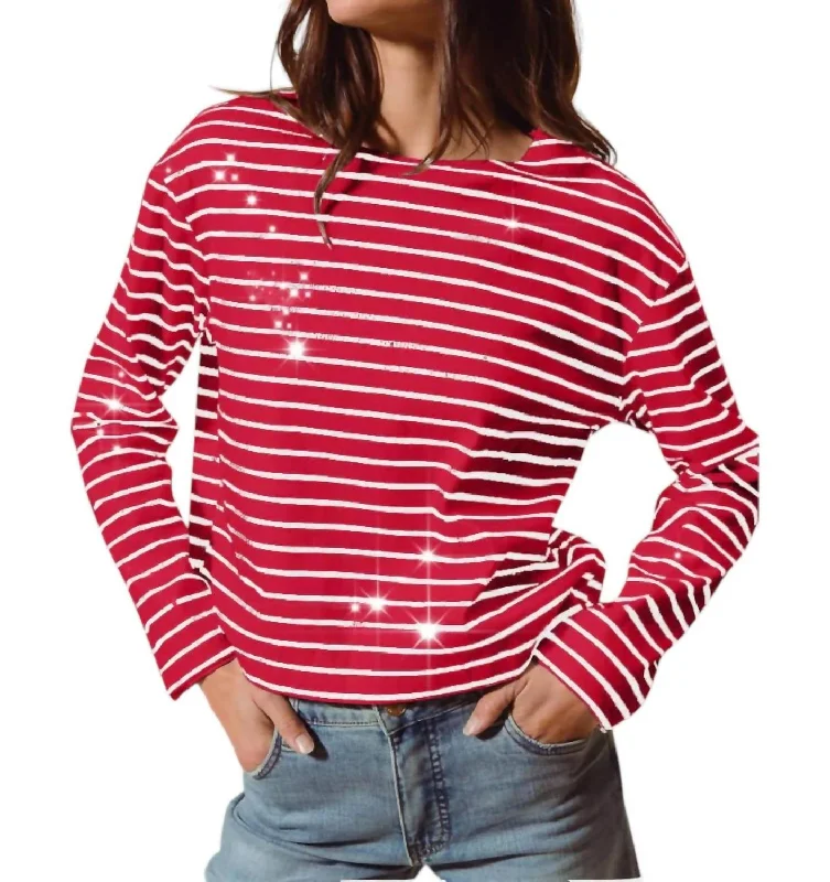 Women's Transitional Garments Buy More, Save More Sequins Striped Sailor Sweater In Red