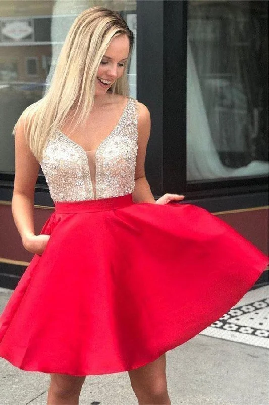 Elegant Clothing For Women New Arrivals Red Beaded Satin Homecoming Dresses With Pocket Short Prom Dresses  gh869