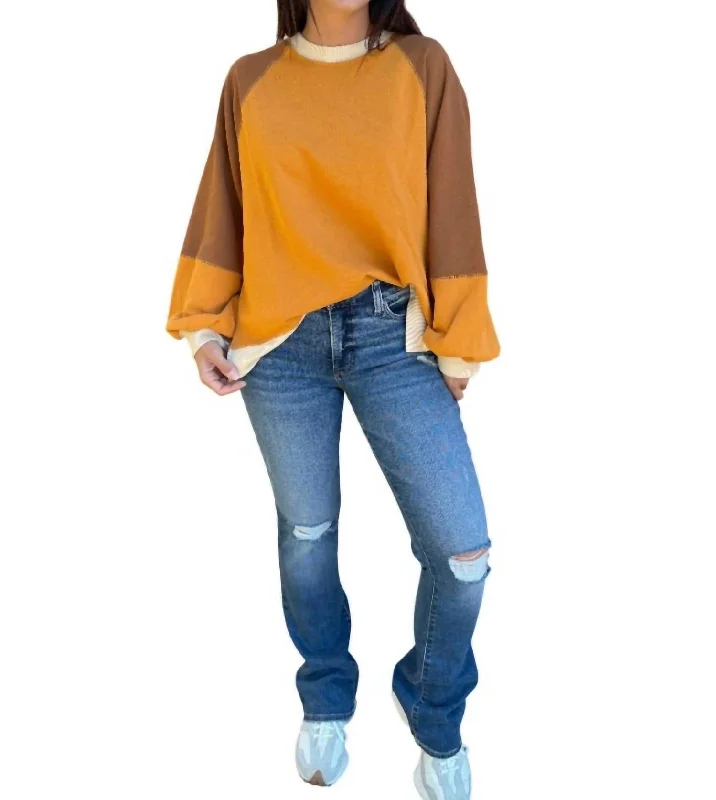 Plus-Size Women's Garments Today Only Color Block Terry Knit Pullover Top In Mustard